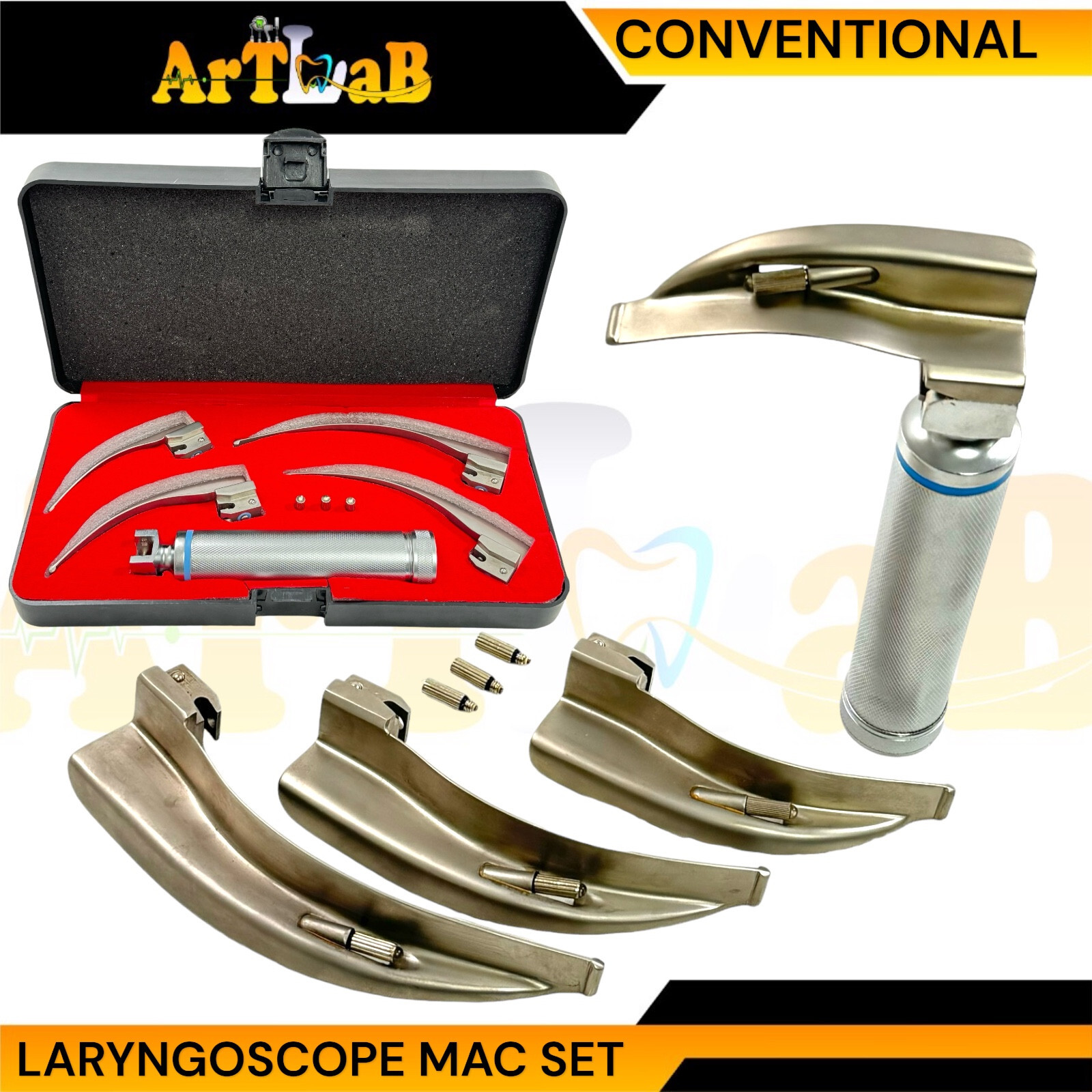 GERMAN LARYNGOSCOPE SET OF 4 INTUBATION BLADES 1,2,3,4 + MEDIUM HANDLE