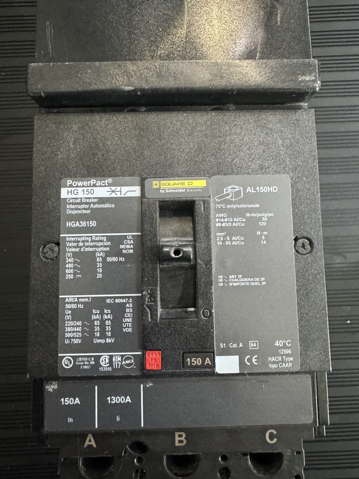 SQUARE D HGA36150 I-Line Circuit Breaker 150A 3P 600V 150 Amp HGA 3 Pole Used