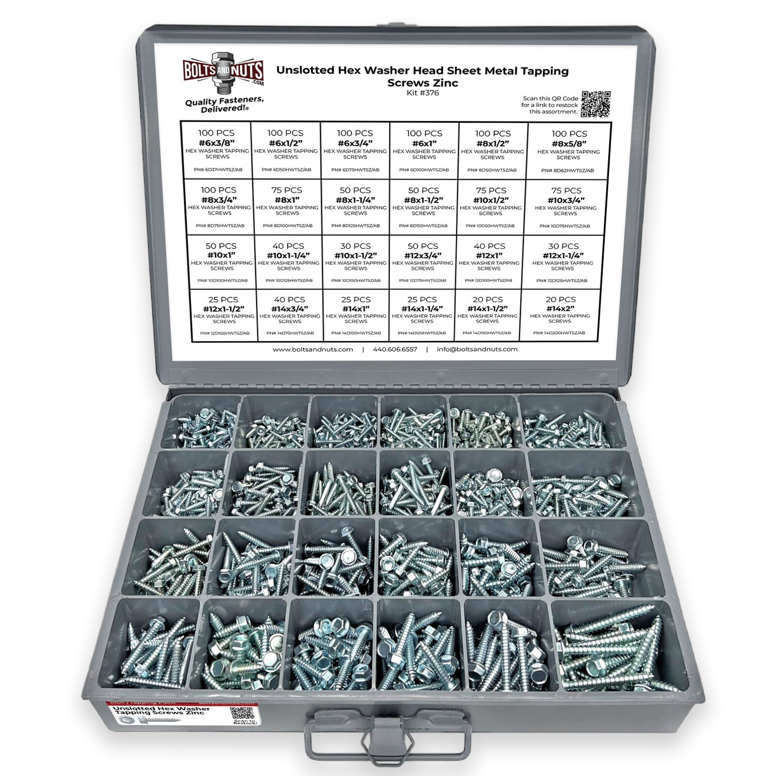 Unslotted Hex Washer Head Sheet Metal Tapping Screws Zinc Assortment – 1421 pcs