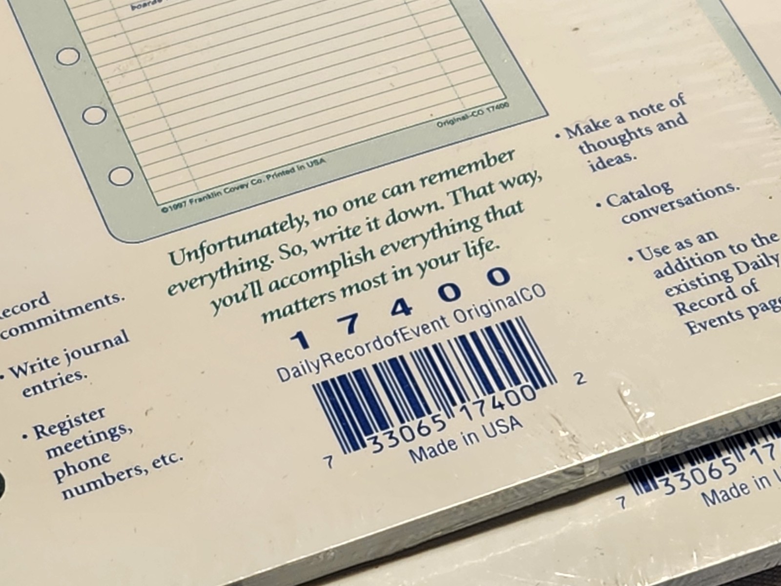 3 Packs Franklin Covey Compact 6-Hole Daily Record Events 50 Sheets 4.25 x 6.75