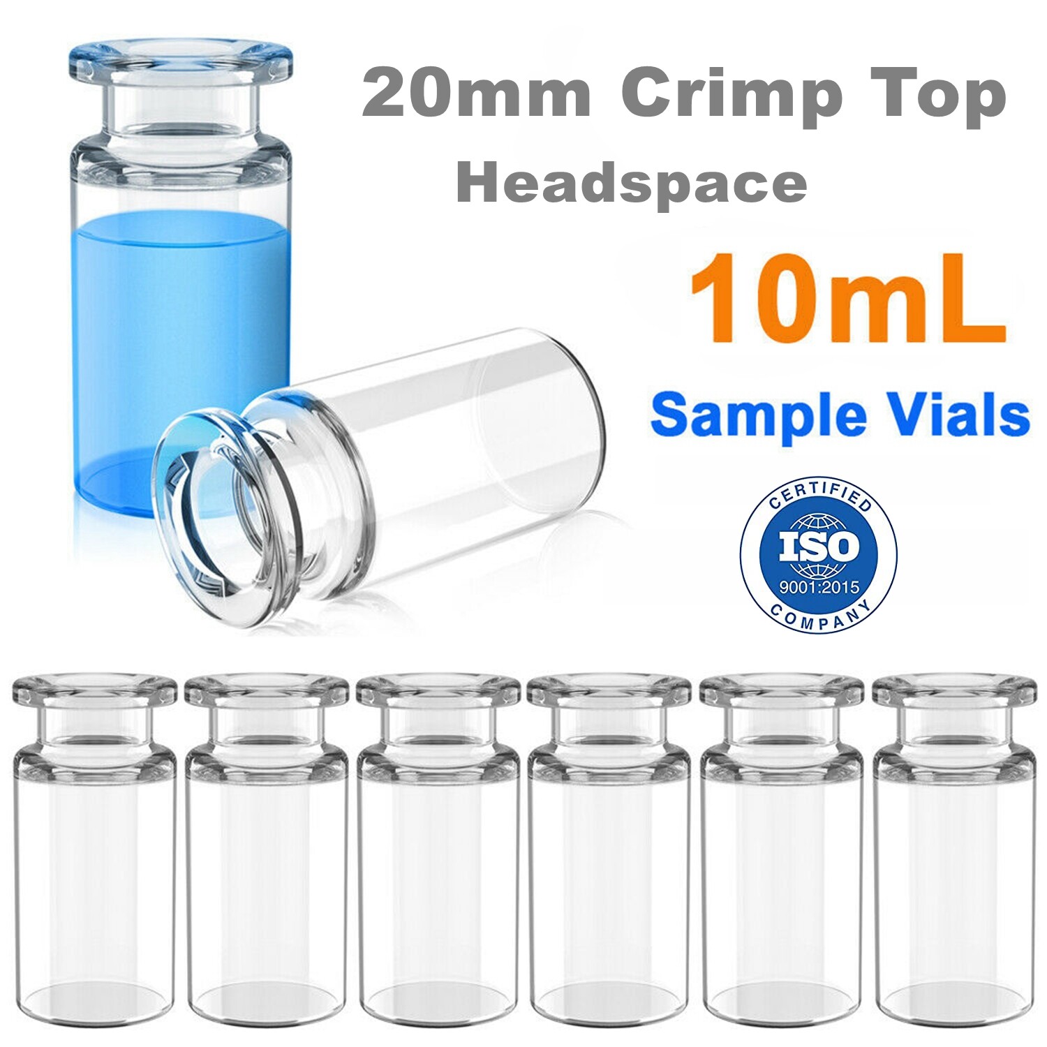 1000PCS 10ml Headspace Vials Clear Glass Bottle 20mm Crimp top Flat Bottom HPLC