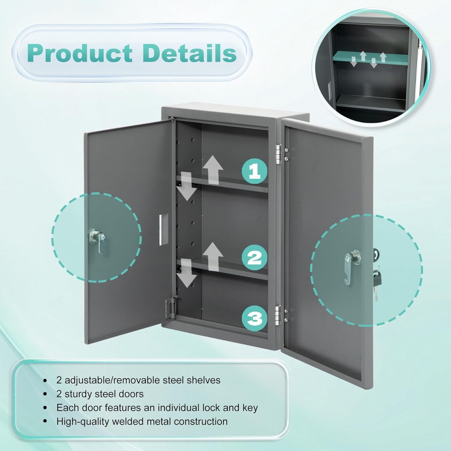 Double Door, Double Lock Wall Mounted Storage Cabinet, Childproof, Anti-theft