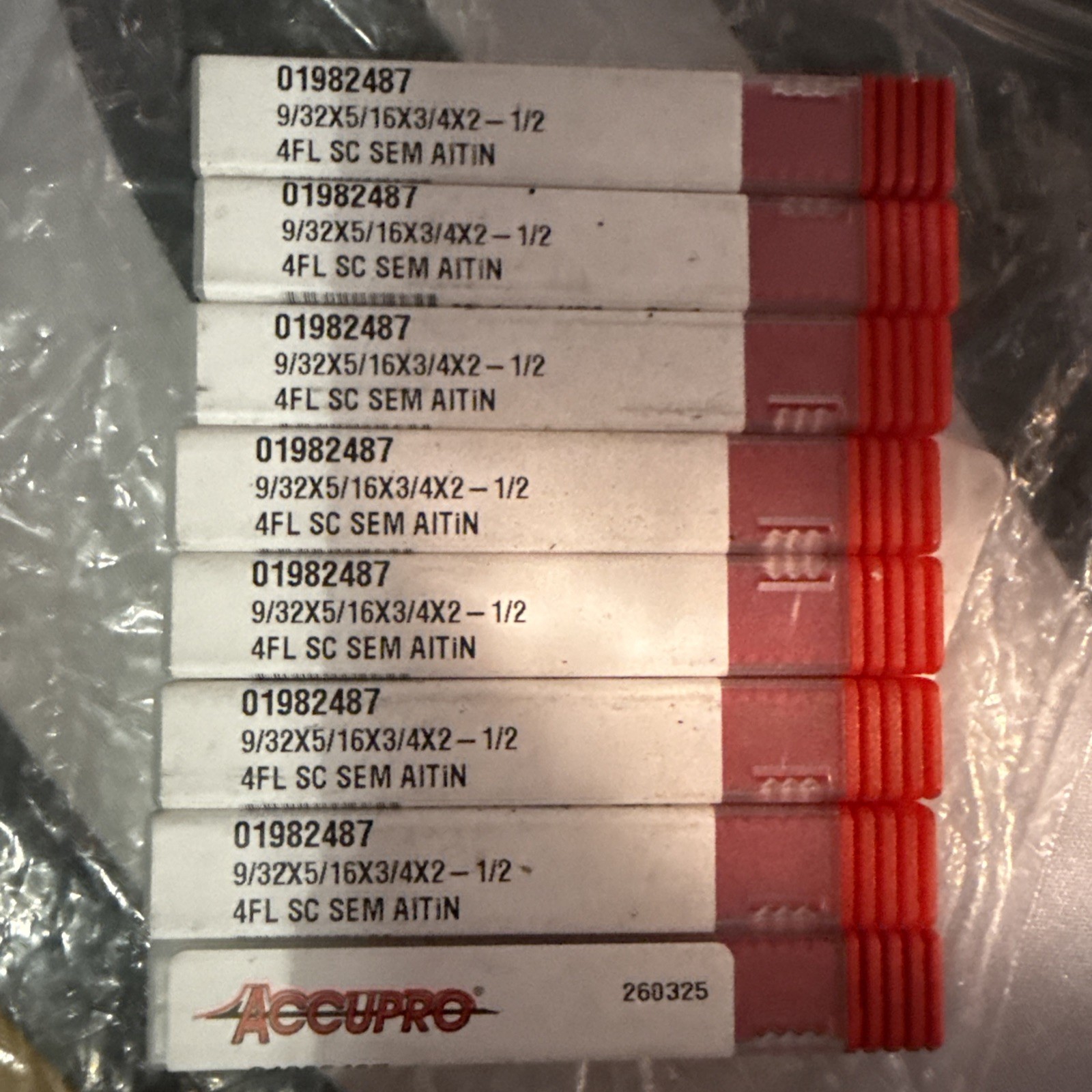 (15) Accupro 01982487, 9/32″, 4-FL, Solid Carbide, Square End Mill, AlTiN, USA