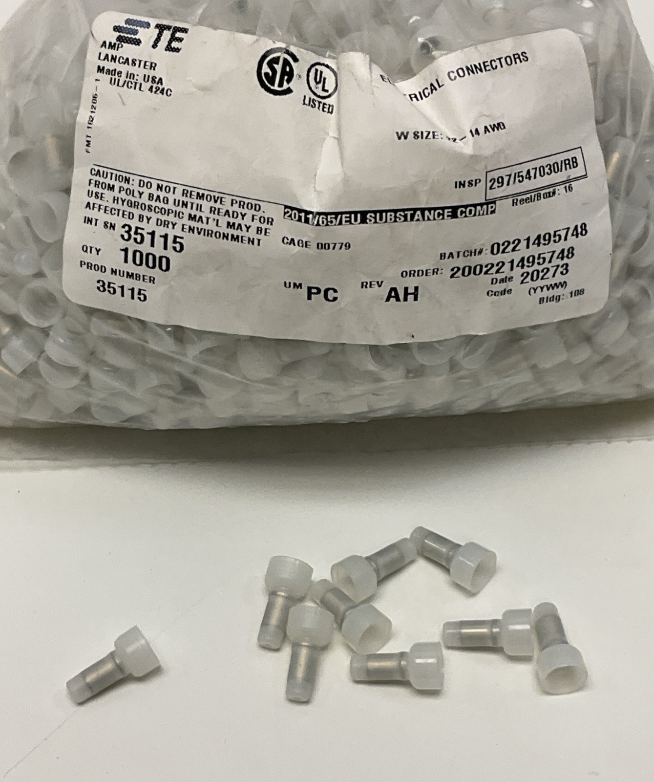 TE Connectivity Amp 35115 Single End Crimp Connector 14-22 AWG (QTY 1000)