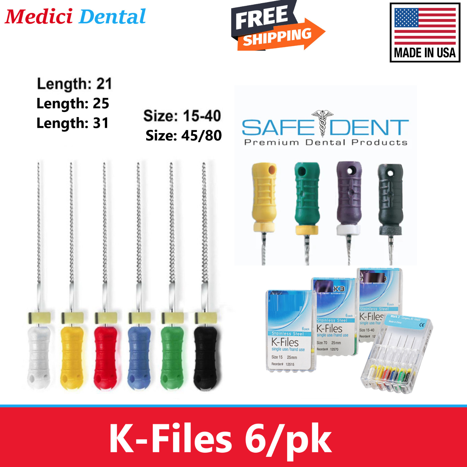 Dental Endo Root Canal File K-files 25mm 21mm 31mm #15/40 & #45/80 Made in USA