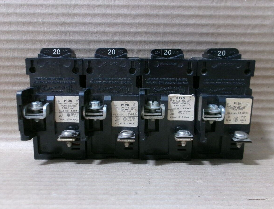 LOT OF 4 Pushmatic P120 1 Pole 20 Amp 120V Circuit Breaker (w/ Shield)