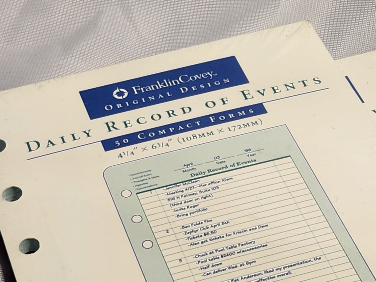 3 Packs Franklin Covey Compact 6-Hole Daily Record Events 50 Sheets 4.25 x 6.75