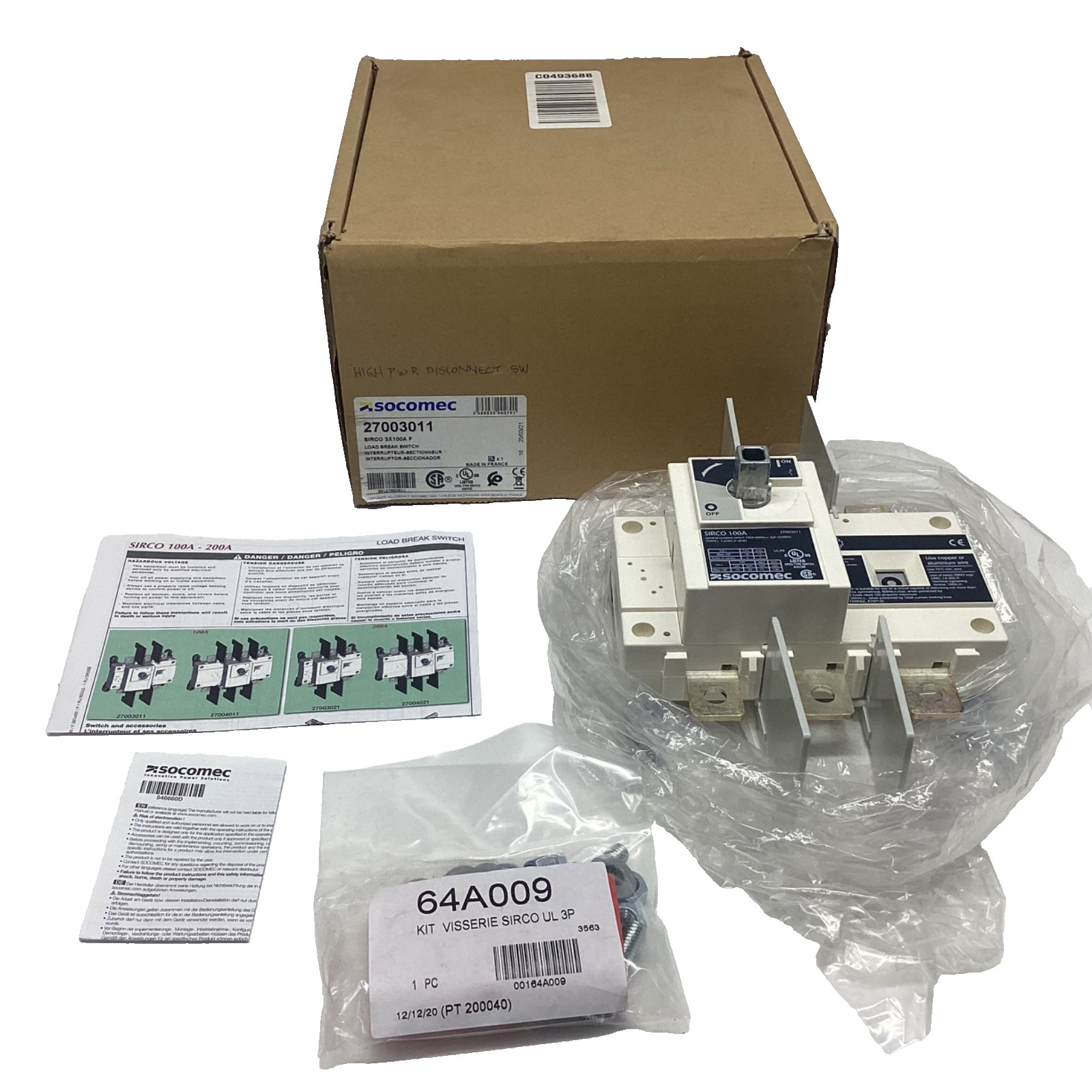 Socomec Sirco 3X100A F 27003011 Load Break Switch 100Amp 600V 3 Phase. NEW