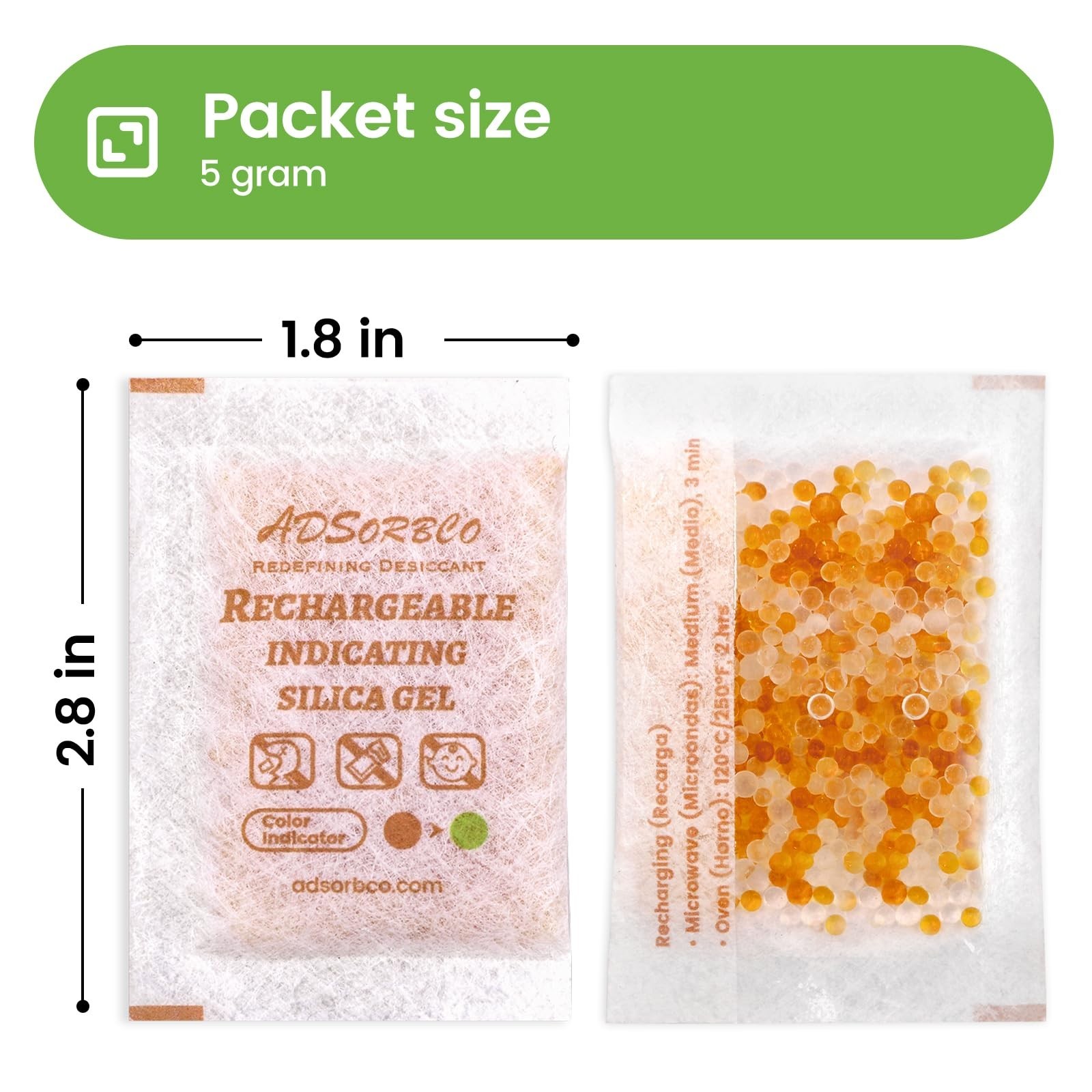 [5 Gram 50 Packages] Adsorbco Rechargeable 20% Orange + 80% White Silica Gel