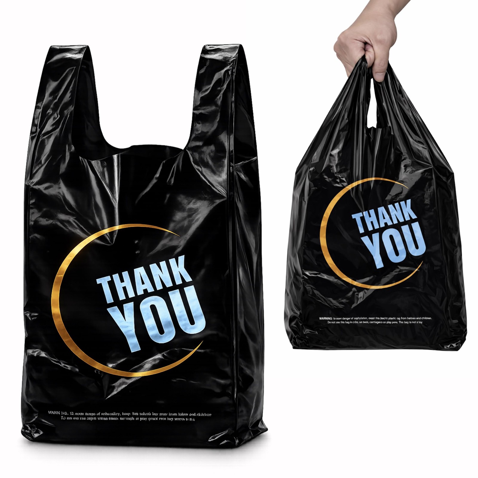 100 Count Plastic Bags – Black T Shirt Bags with Handle for Retail Shopping