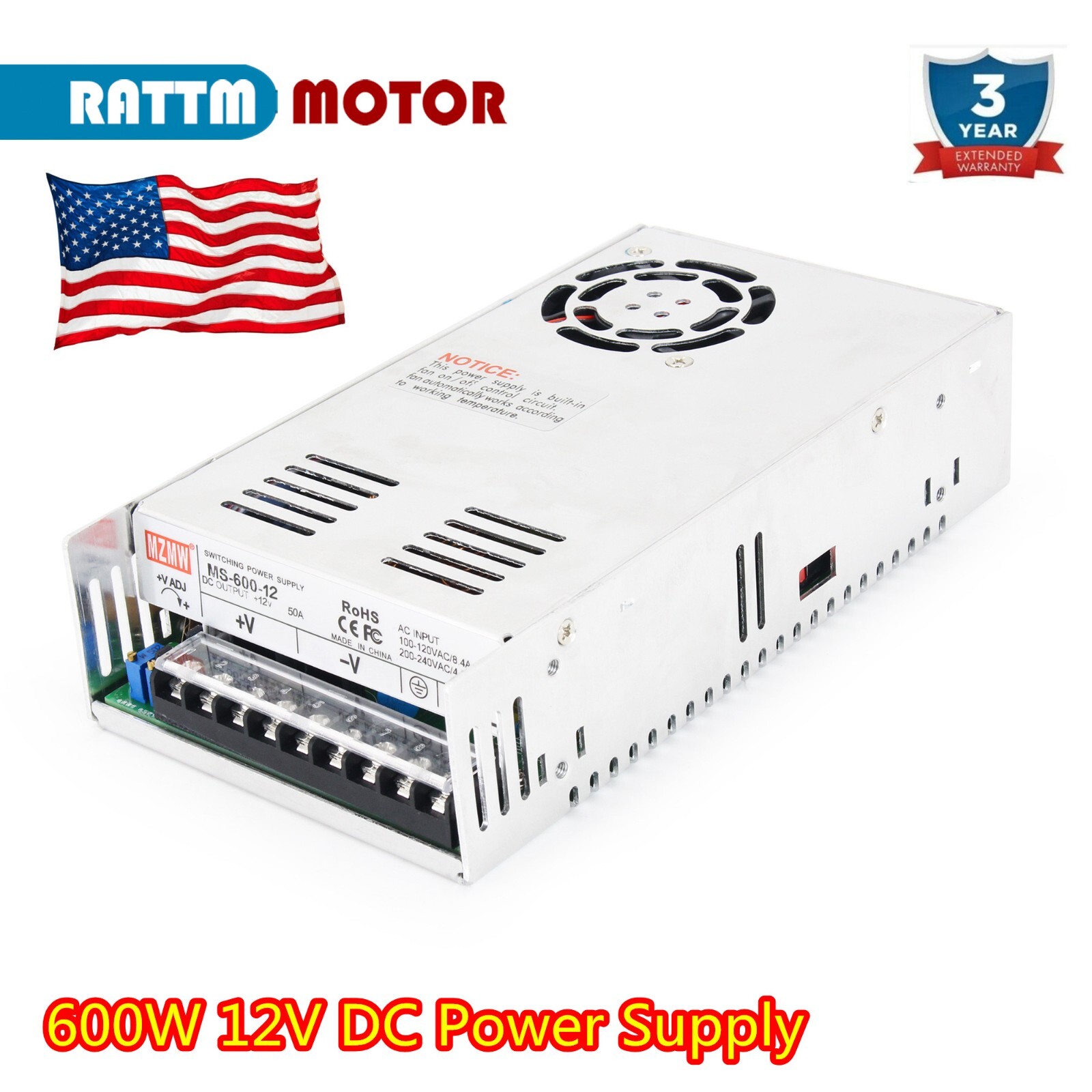 【US】0-12V DC Switching Power Supply 50A 600W 12V DC to AC for LED Strip/CCTV