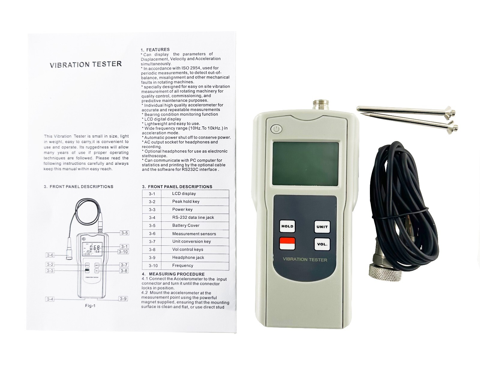 Handheld Vibration Meter with Velocity 0.1-400.0 mm/s Software and USB Cable