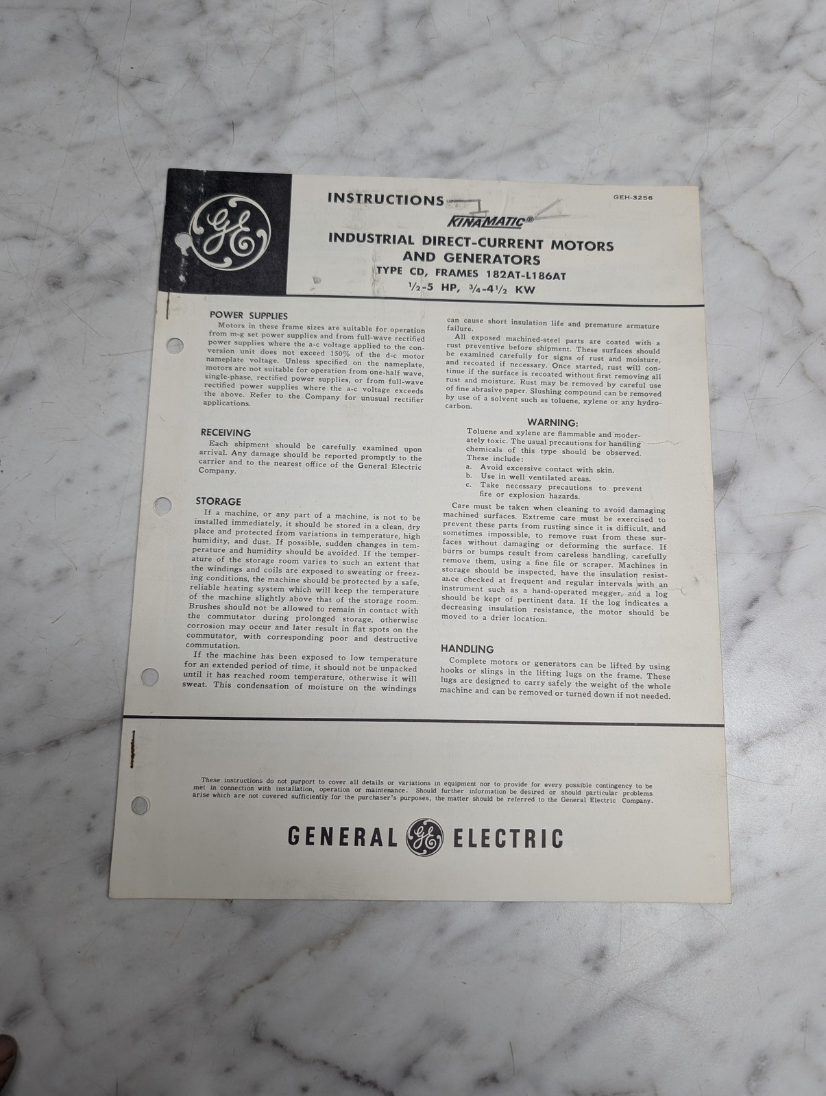 GENERAL ELECTRIC KINAMATIC GEH 3256 INSTRUCTIONS INDUSTRIAL SALES BROCHURE