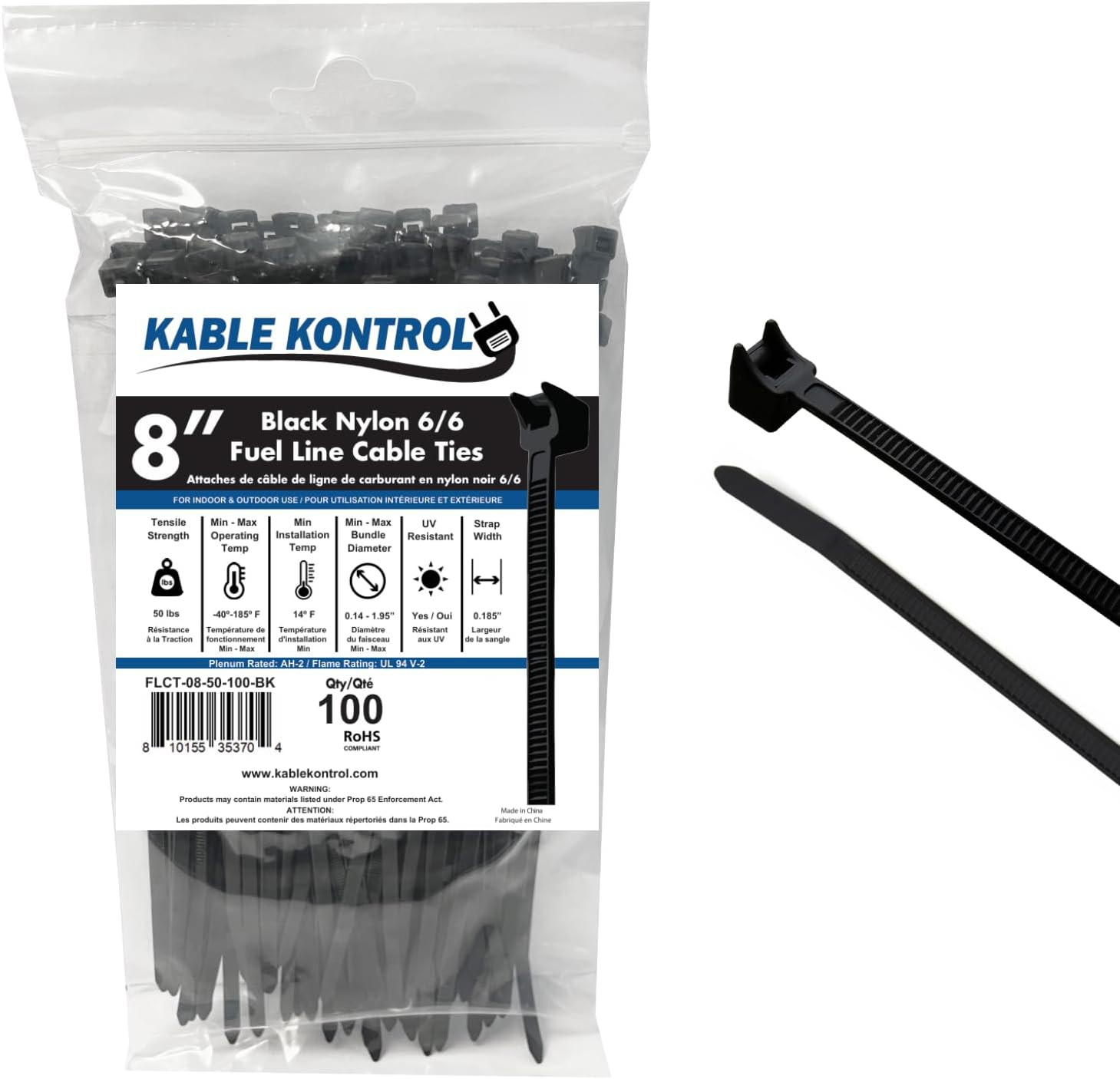 Radius Clamp Head Fuel Hose Cable Ties, 8 Inch 100 Pcs, 50 Lbs Tensile Strength,