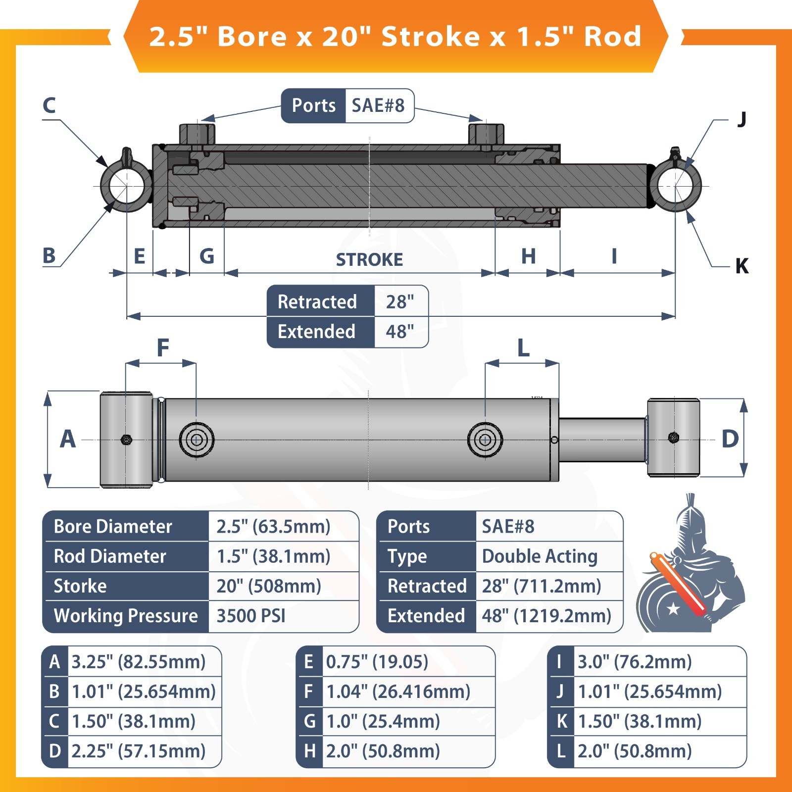 2.5×20 Hydraulic Cylinder-2.5″ Bore, 20″ Stroke -Welded Cross Tube Cylinder(new)