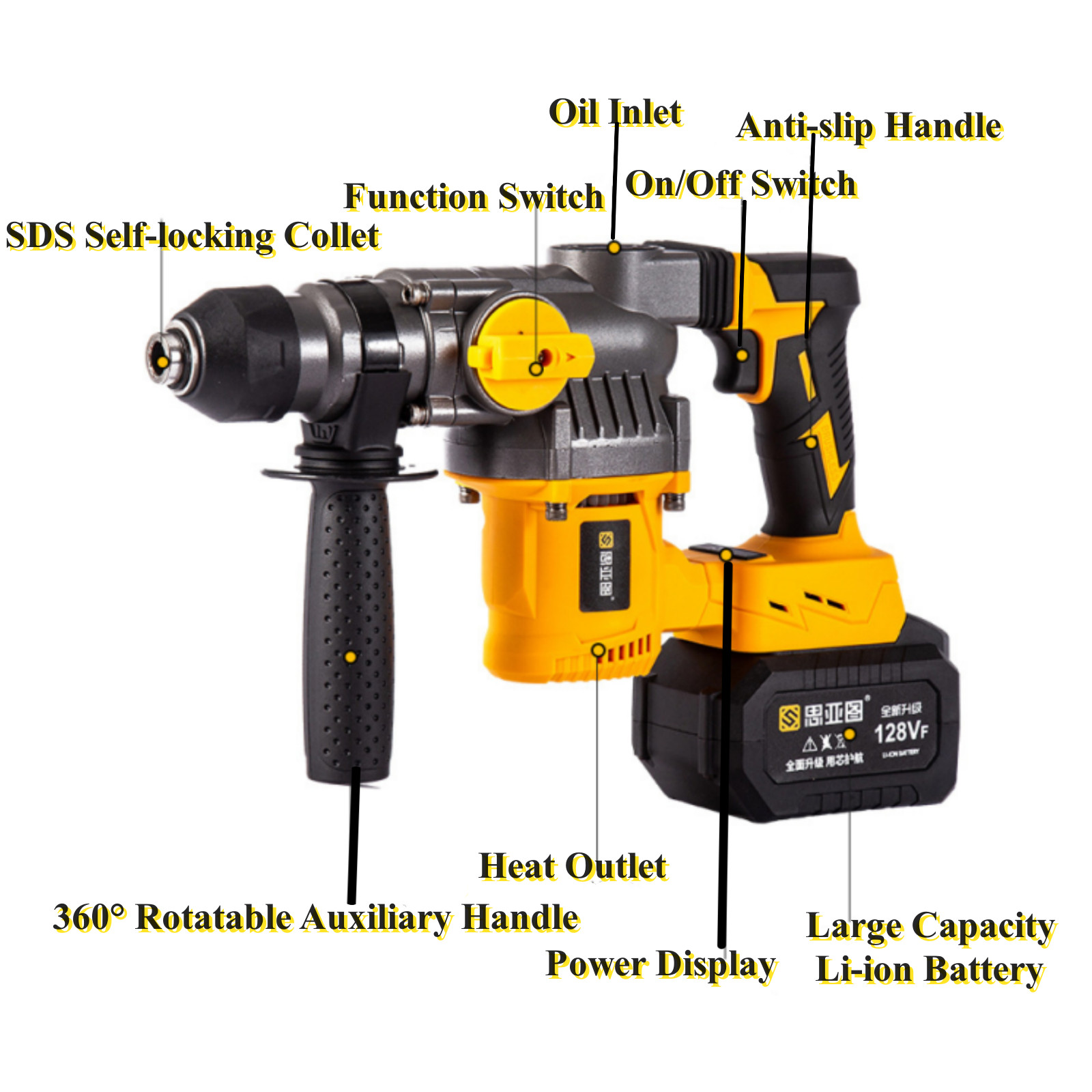 SDS-Plus Cordless Rotary Hammer Drill 1400r/min W/ Drill Bit Φ22mm/Φ13mm/Φ28mm