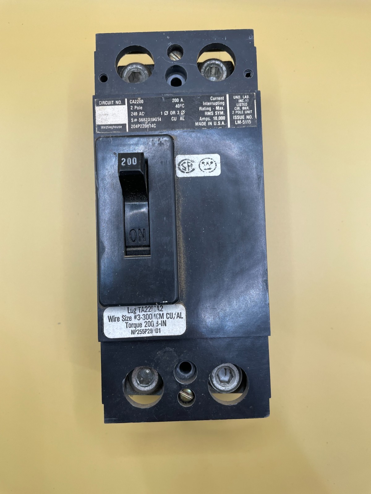 Westinghouse/Cutler Hammer CA2200V 2-Pole 200AMPS Circuit Breaker