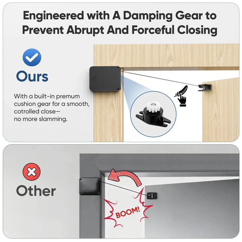 Retractable Automatic Door Closer with Anti-Slam Function – No-Screw Install for