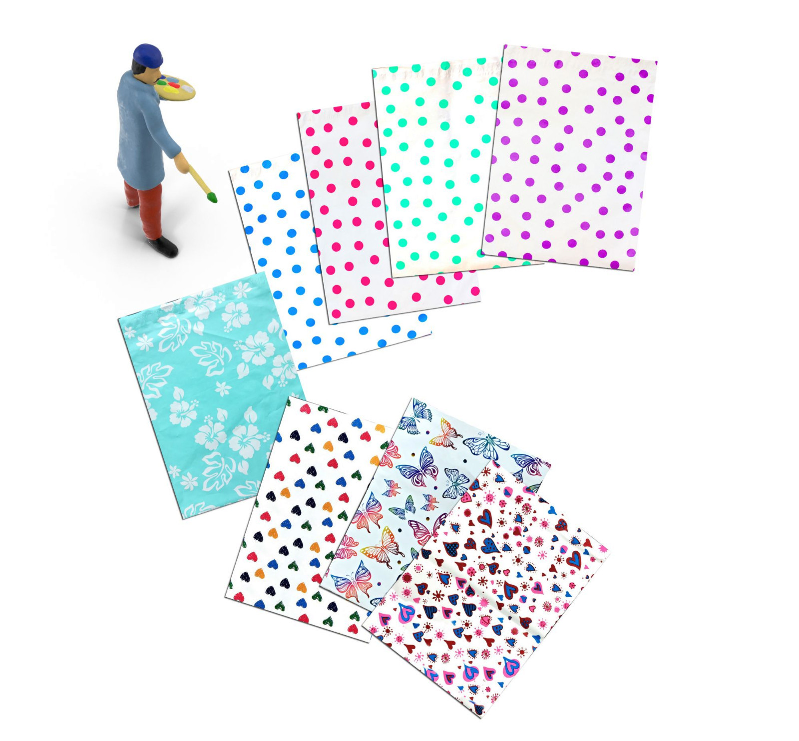 12″ x 15″ Designer Poly Mailers, Pink,Teal, Polka Dots,Hearts Flat Shipping Bags