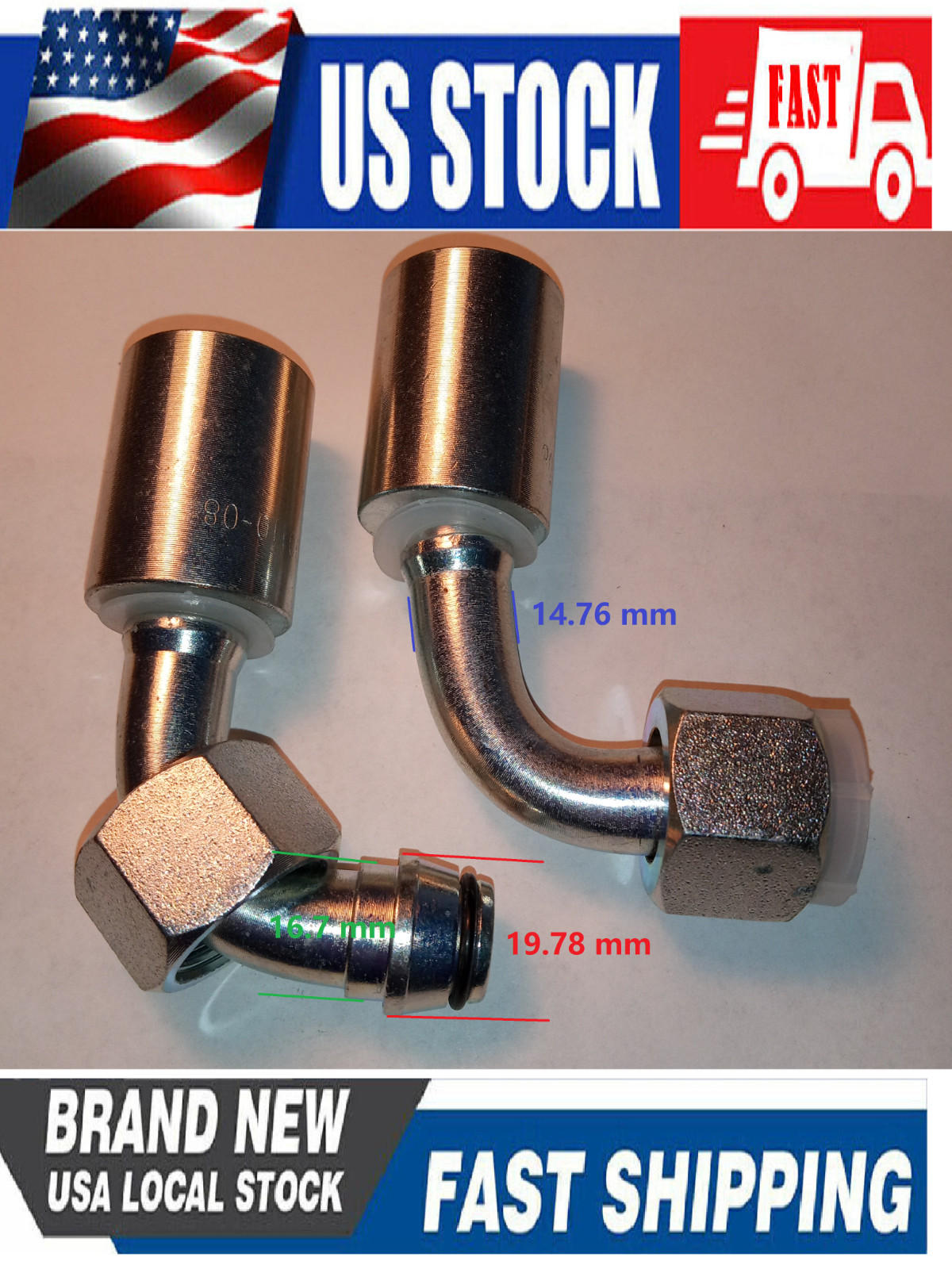 M22 x 1.5 Metric hydraulic fitting 90° Crimp On Ferrule, 20491-22-08 & 00110-08