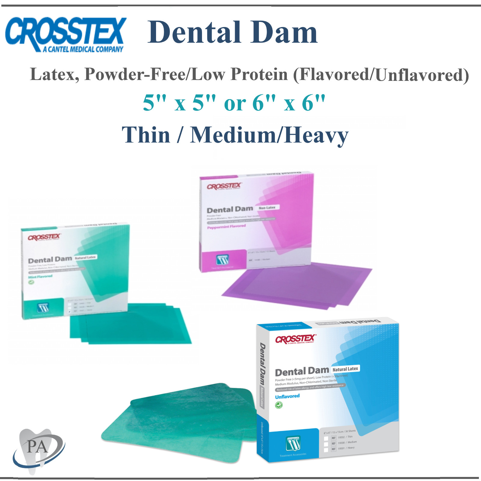 Dental Dam Rubber Dam 6″x6″, 5″ x 5″, All Sizes, Mint, Powder free, Crosstex USA
