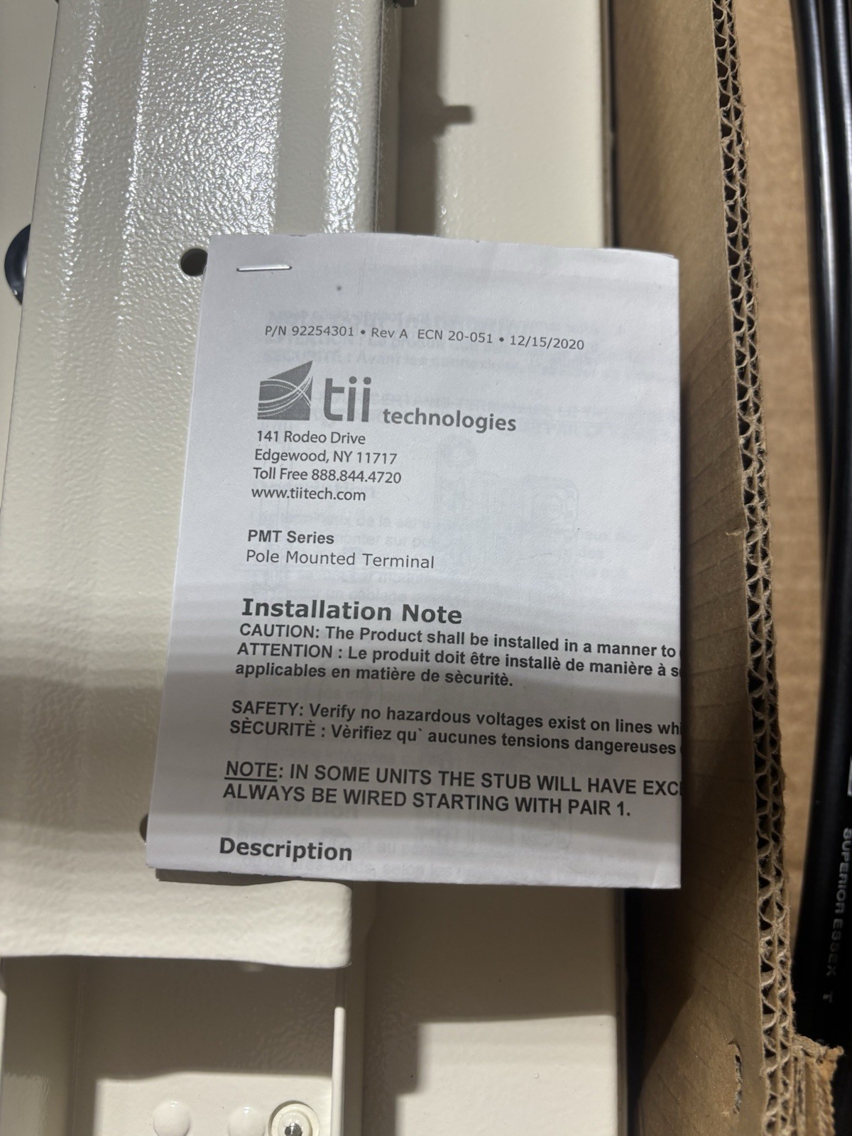 TII Technologies PMT Series Pole Mounted Terminal Box P/N 92254301 NEW