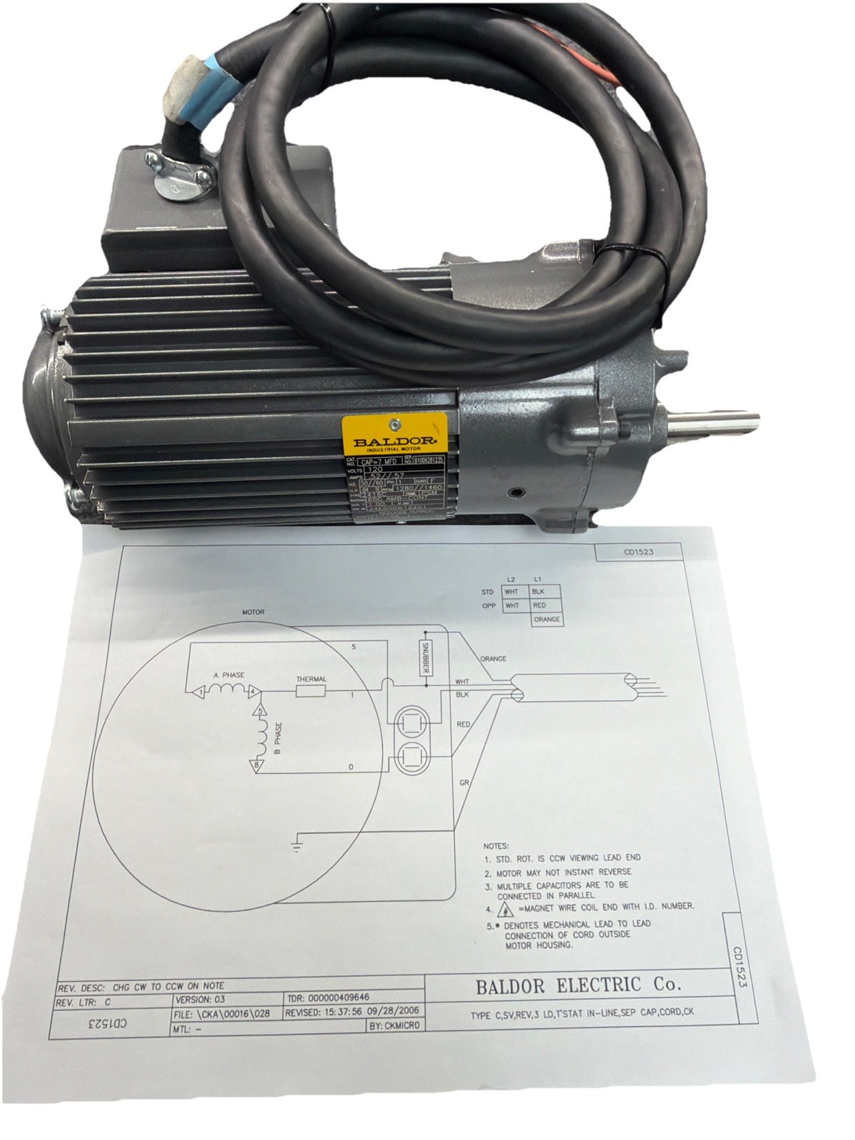 Baldor 2416c 21-24 RPM 110/120v .04hp Gear Motor cap=7mfd 60:1 TE B1006281235