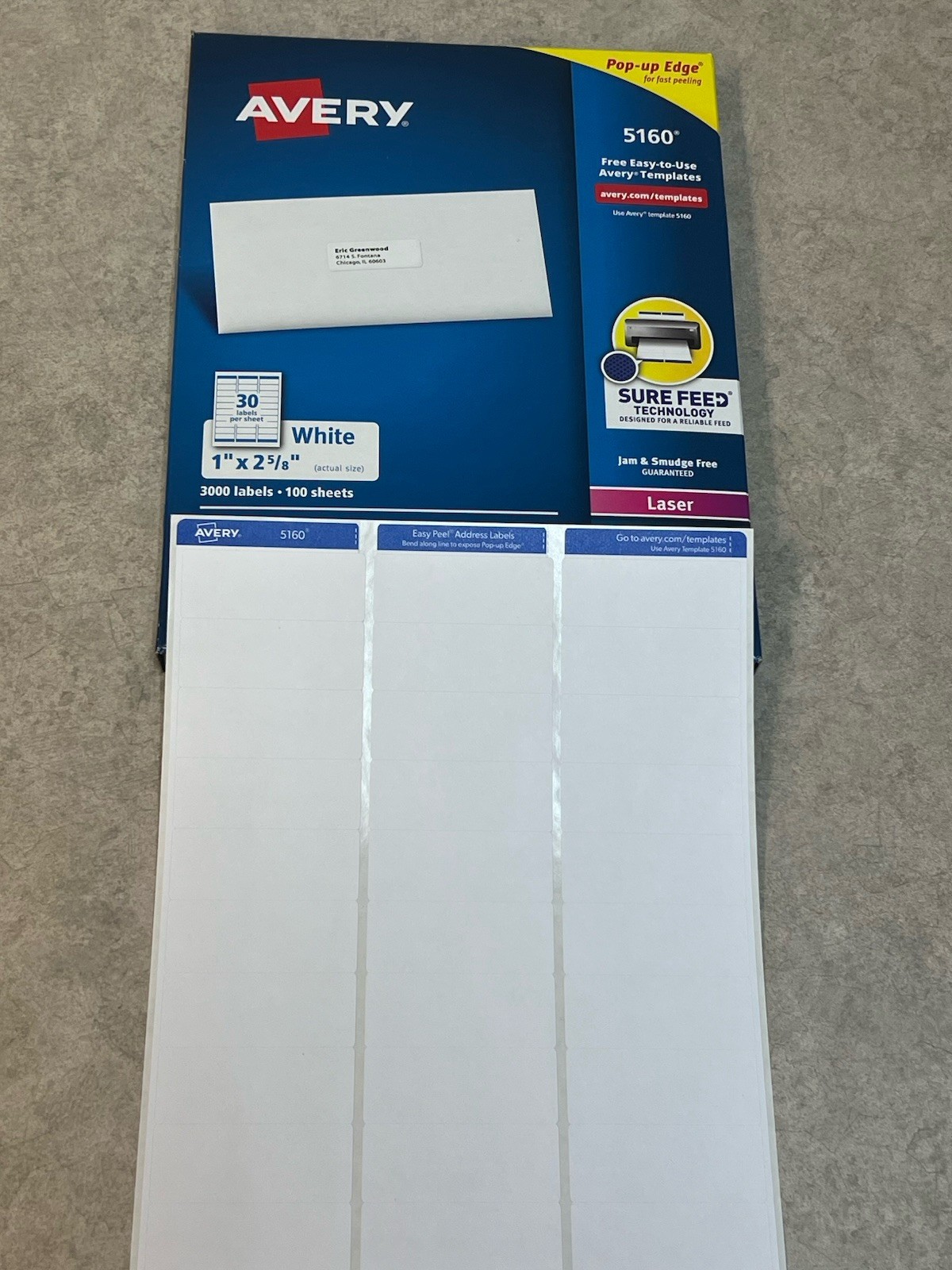 AVERY #5160 LASER 10 SHEETS 300 TOTAL ADDRESS LABELS 1” X 2 5/8”