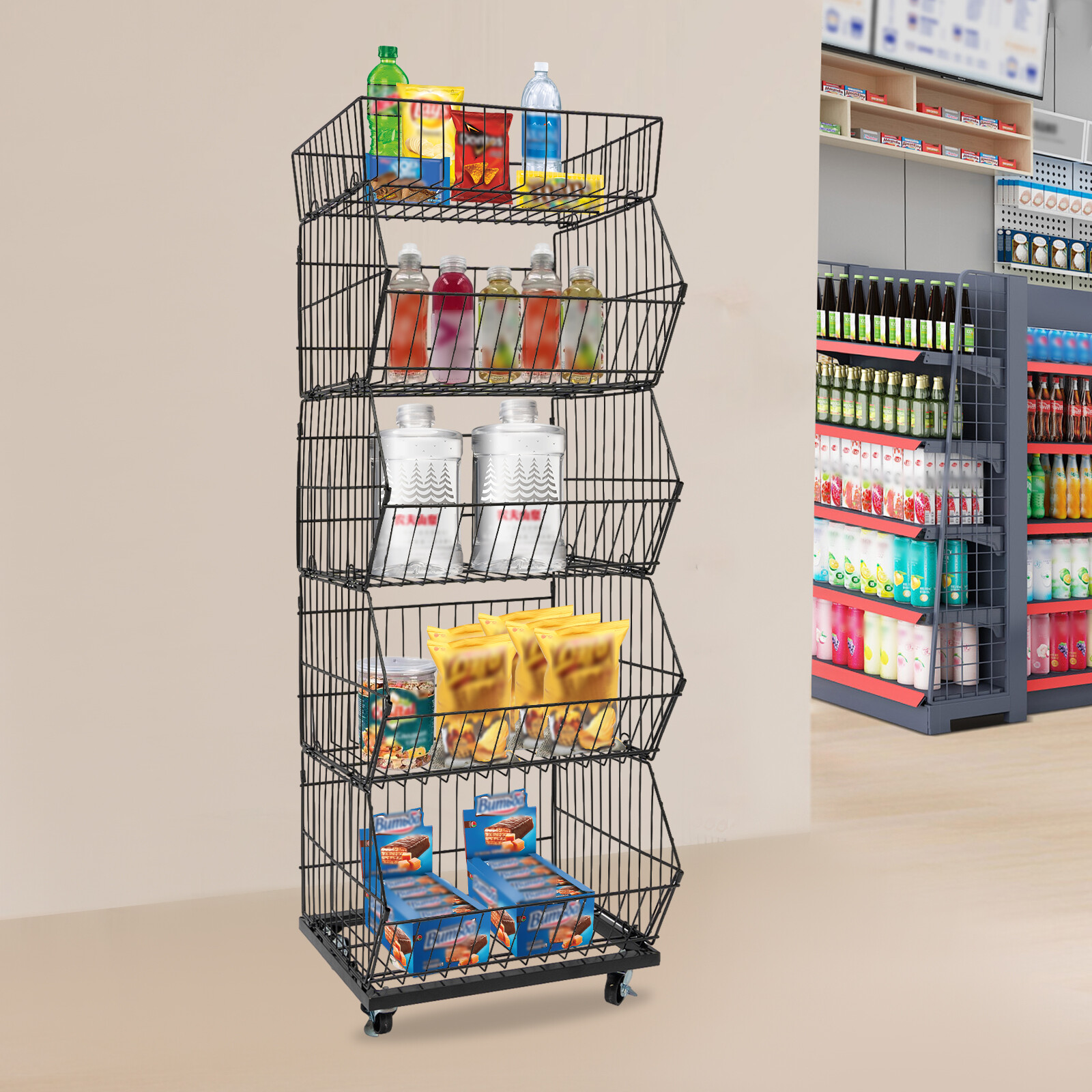 Movable Merchandise Display Rack Steel Retail Storage Basket Rack 5-Tiers Black