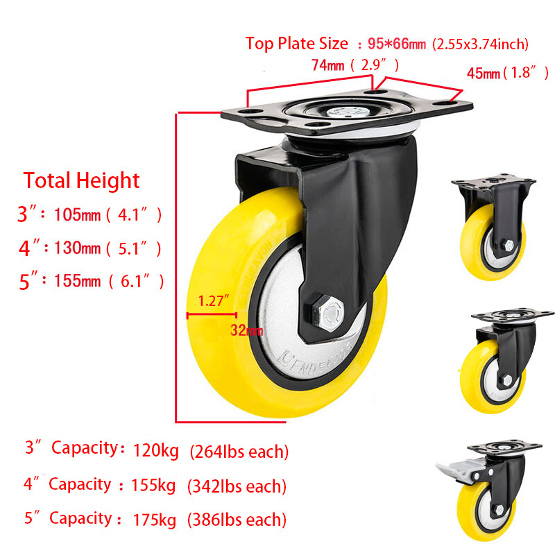 2 / 4 Pack Heavy Duty Swivel Plate Caster Wheels 3″ 4″ 5″ Polyurethane Wheels US