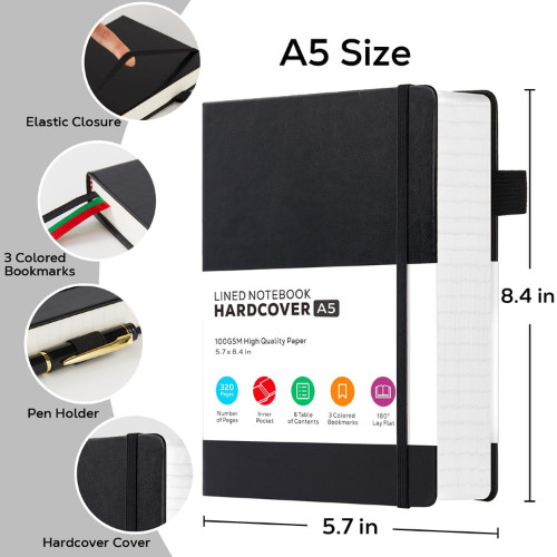 Hardcover Lined Notebook Journal for Writing 320 Pages Leather Thick College