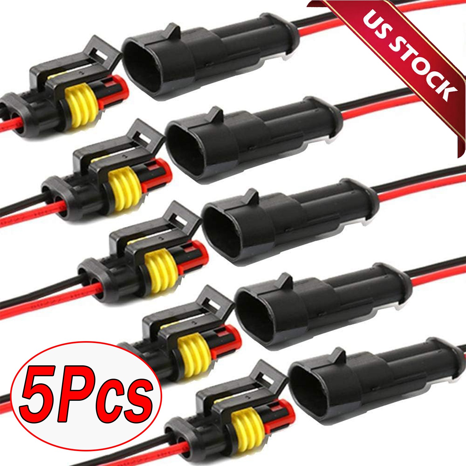 5PCS 2Pin Way Car Waterproof Male Female Electrical Connector Plug Wire Kit Set