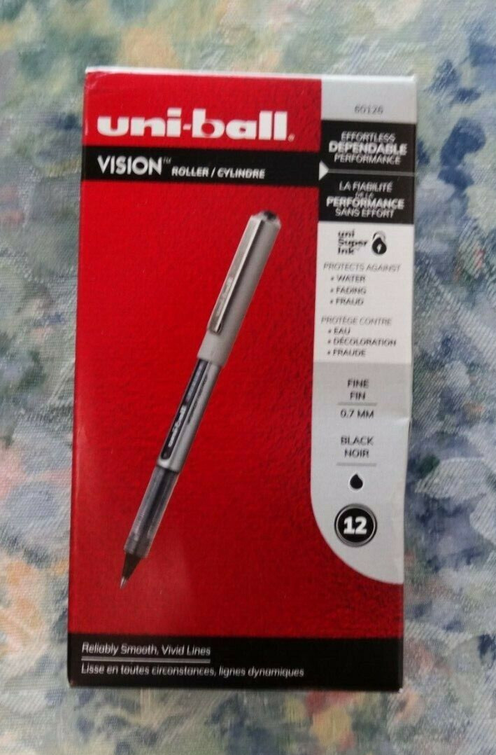 Uni-ball Vision Fine 60126 Black Ink 0.7mm Rollerball Pen, Box of 12 Pens – NEW