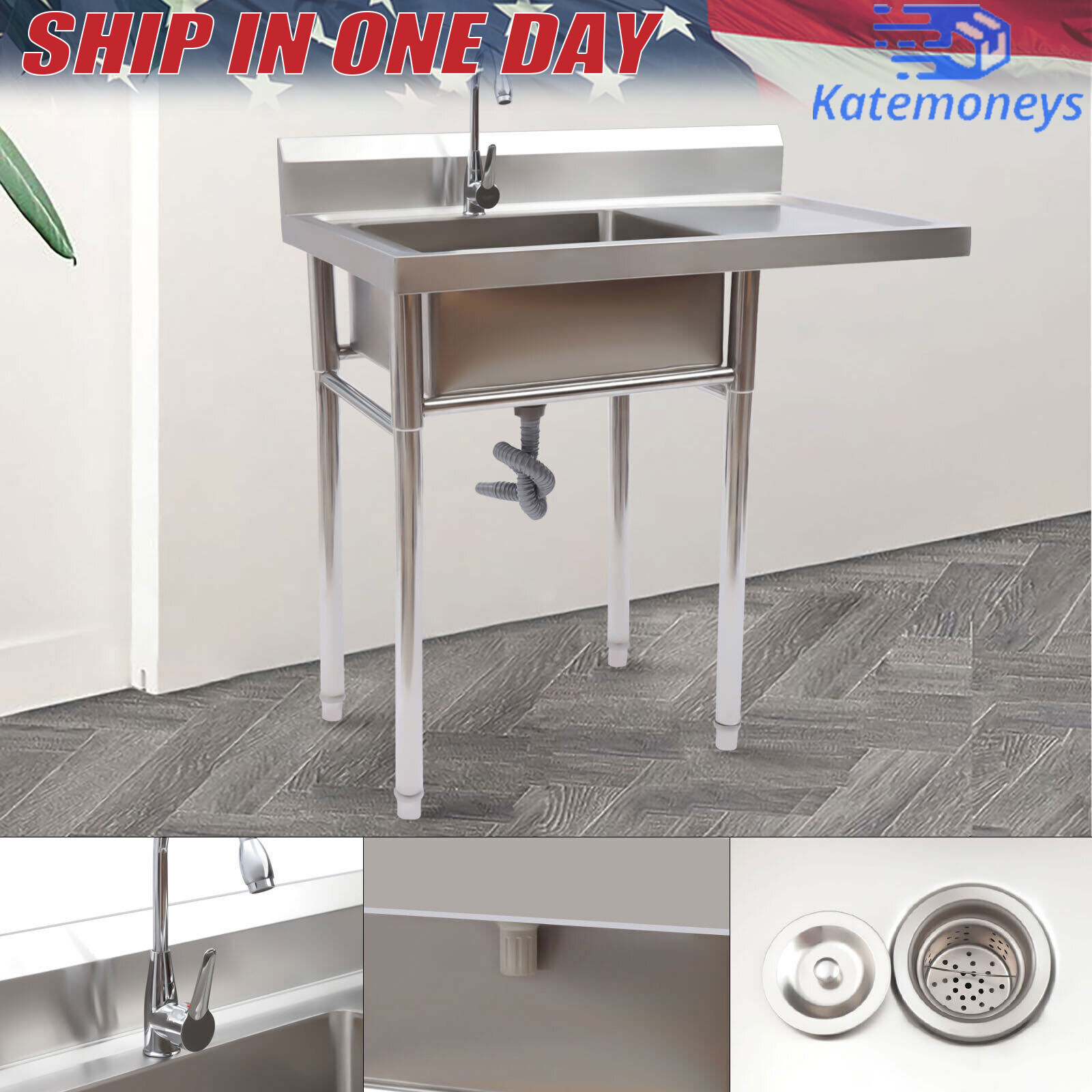 1 Compartment Commercial Utility & Prep Sink Kitchen Sink+Faucet Stainless Steel