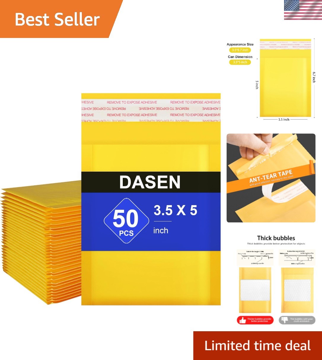 Eco-Friendly 50 Pcs Yellow Kraft Bubble Mailers 3.5×5 Inch – Reliable Protection