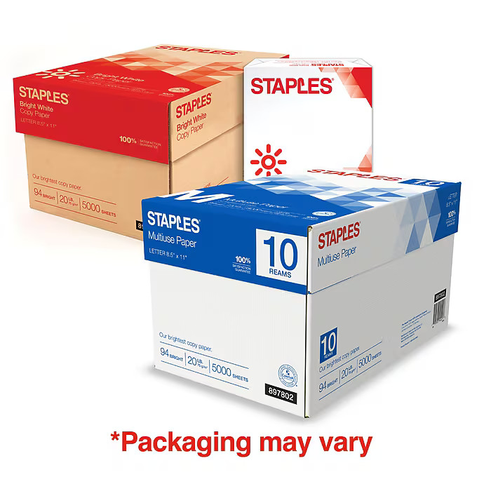 Staples Multiuse Copy Paper 8.5×11 20 lb 94 Brightness 500 Sheets/Ream 10 Reams