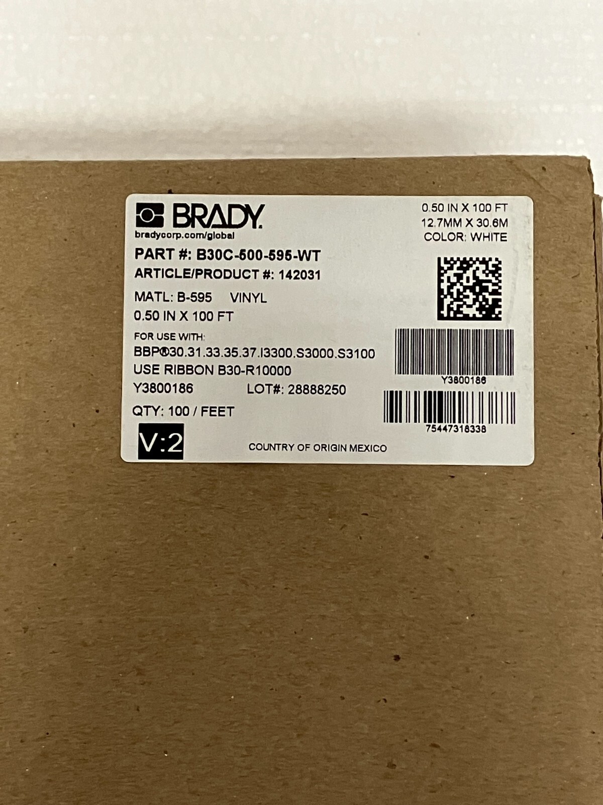 BRADY B30C-500-595-WT Vinyl Label Tape for B30 Printers – 0.5″, White