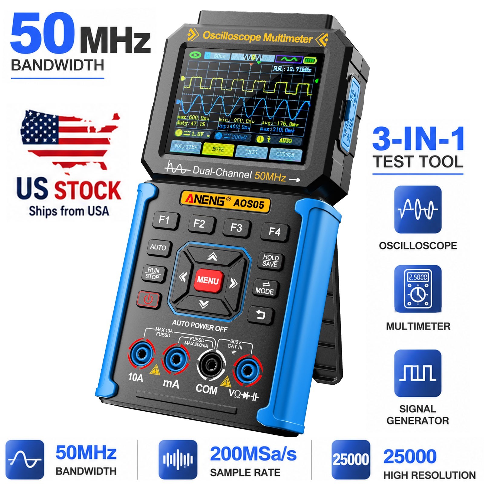 3 IN 1 Digital Handheld Oscilloscope Multimeter Signal Generator 50MHz 200MSa/s