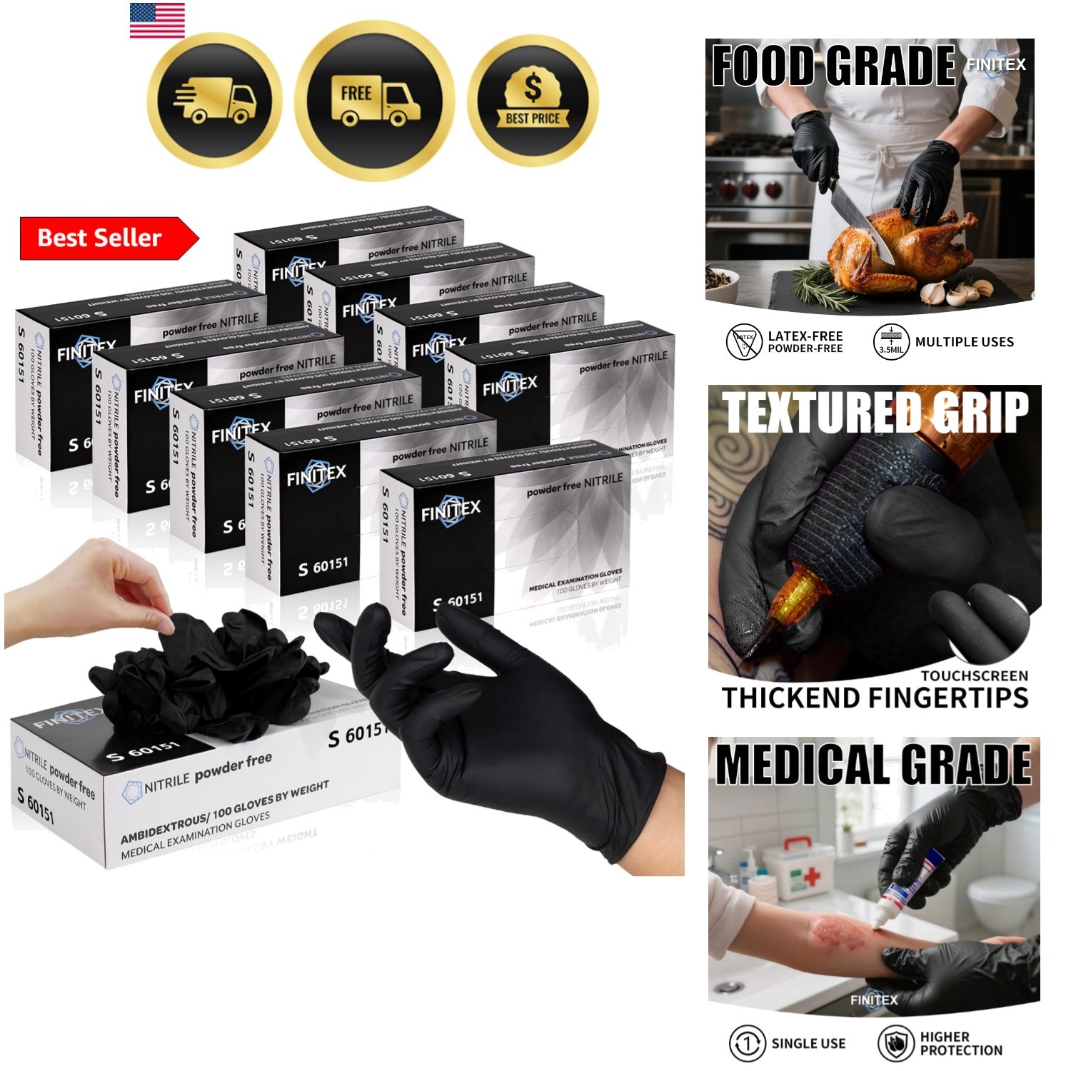 Black Nitrile Disposable Gloves, Exam Gloves, Powder-free, Latex-free, 3mil, …