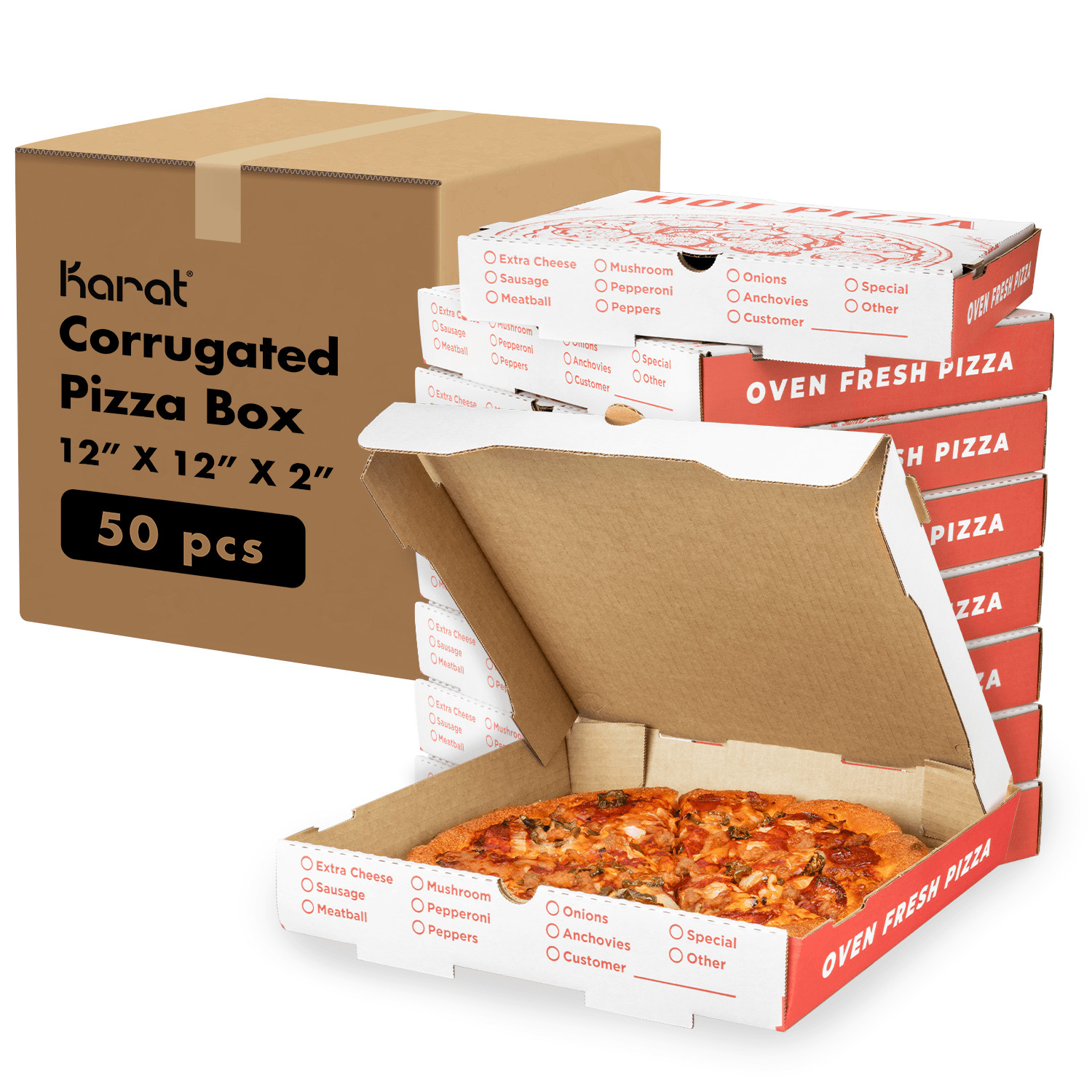 Karat Corrugated Pizza Box, 12»x12»x2», Generic Print – 50 pcs, FP-PBF12WG