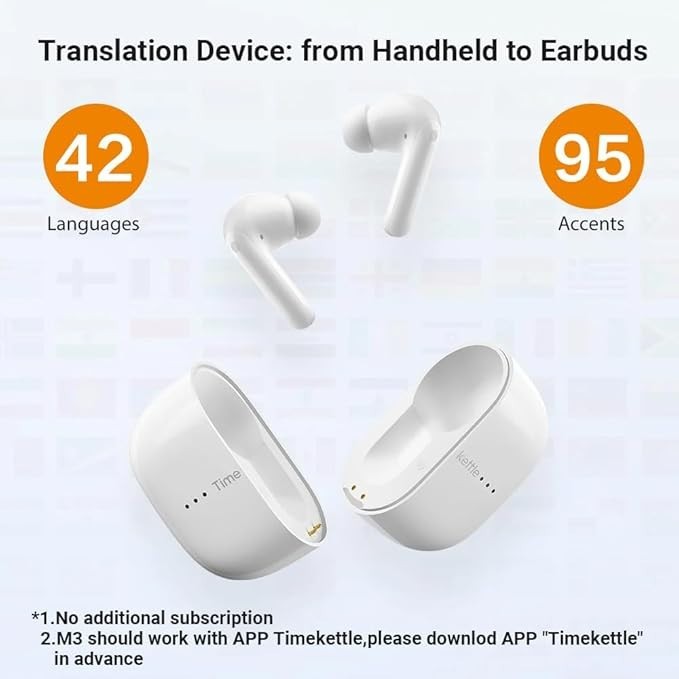 TimeKettle M3 White Bluetooth 3 In 1 Language Translator Earbuds With Manual