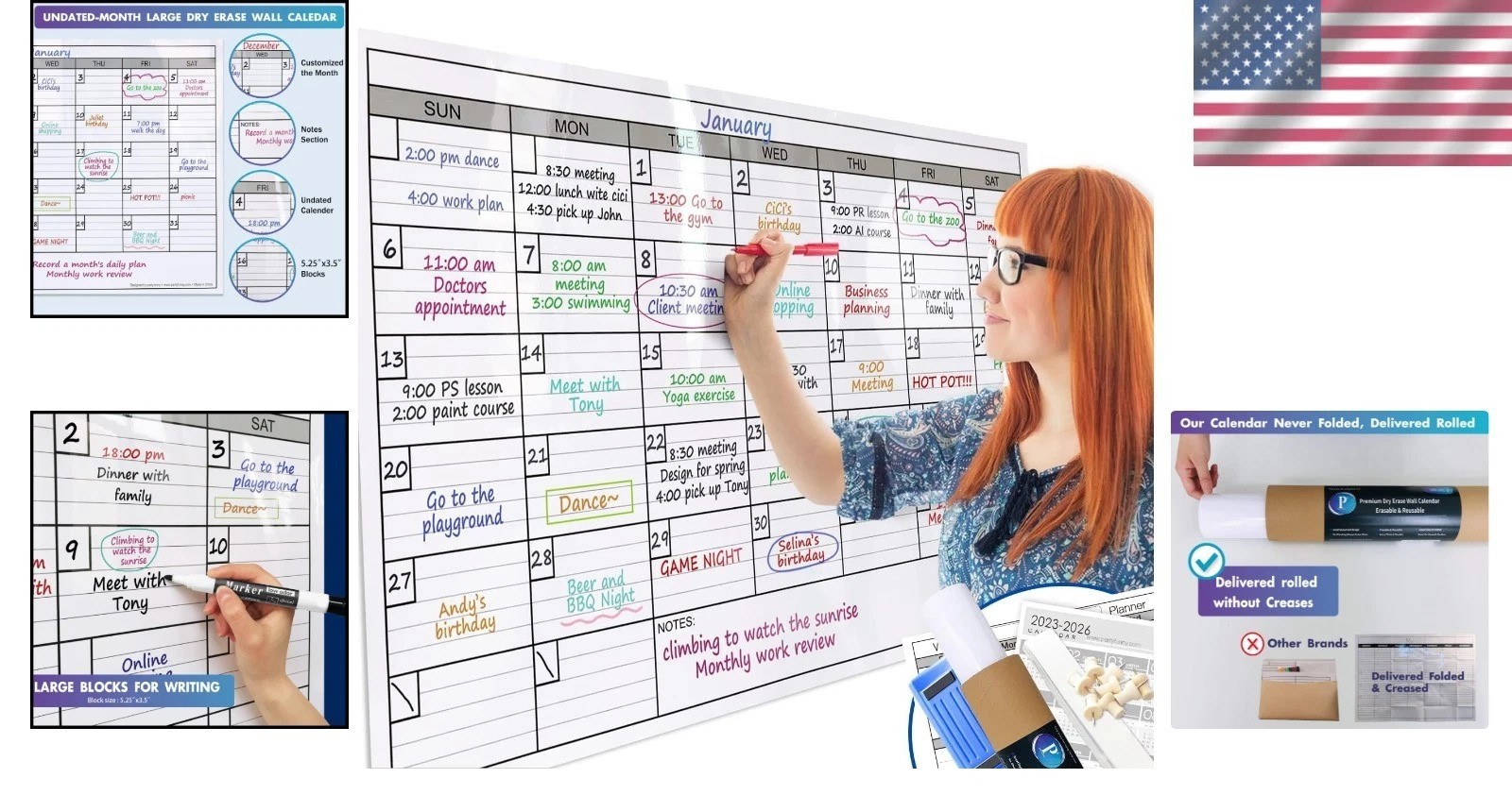 Wall-Mounted Extra Large Dry Erase Calendar: Includes Weekly & Yearly Planners
