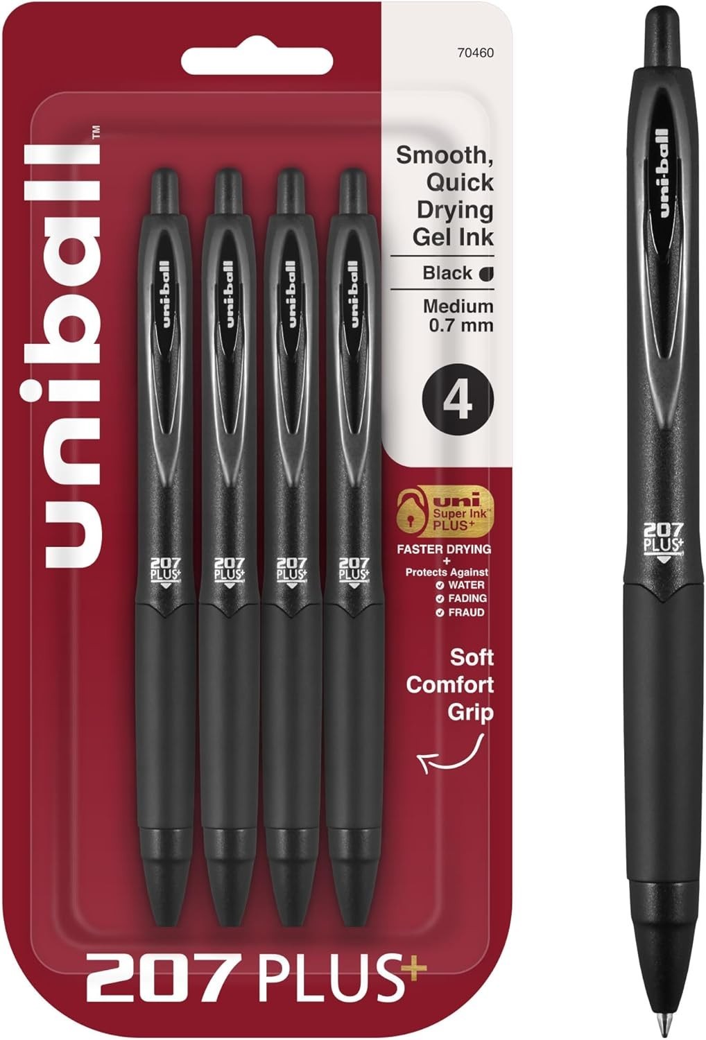 Uniball Signo 207+ Gel Pen 4 Pack 0.7mm Medium Black Pens Gel Ink Pens Office
