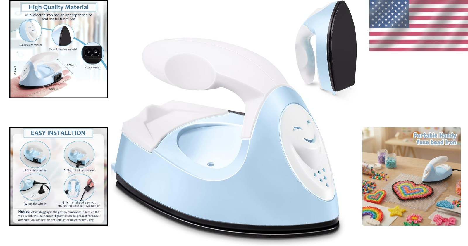 Light Blue Mini Craft Iron with Charging Base: Perfect for DIY Heat Transfers