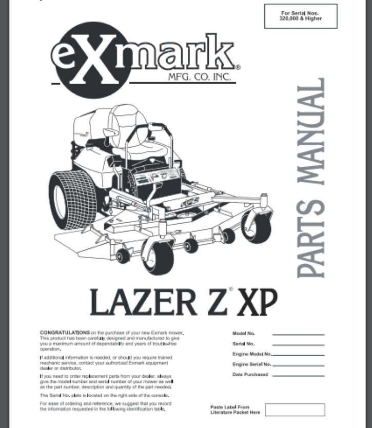 Exmark Lazer Z XP Mower Parts Manual 36 PAGES #’s 320,000 higher 2001
