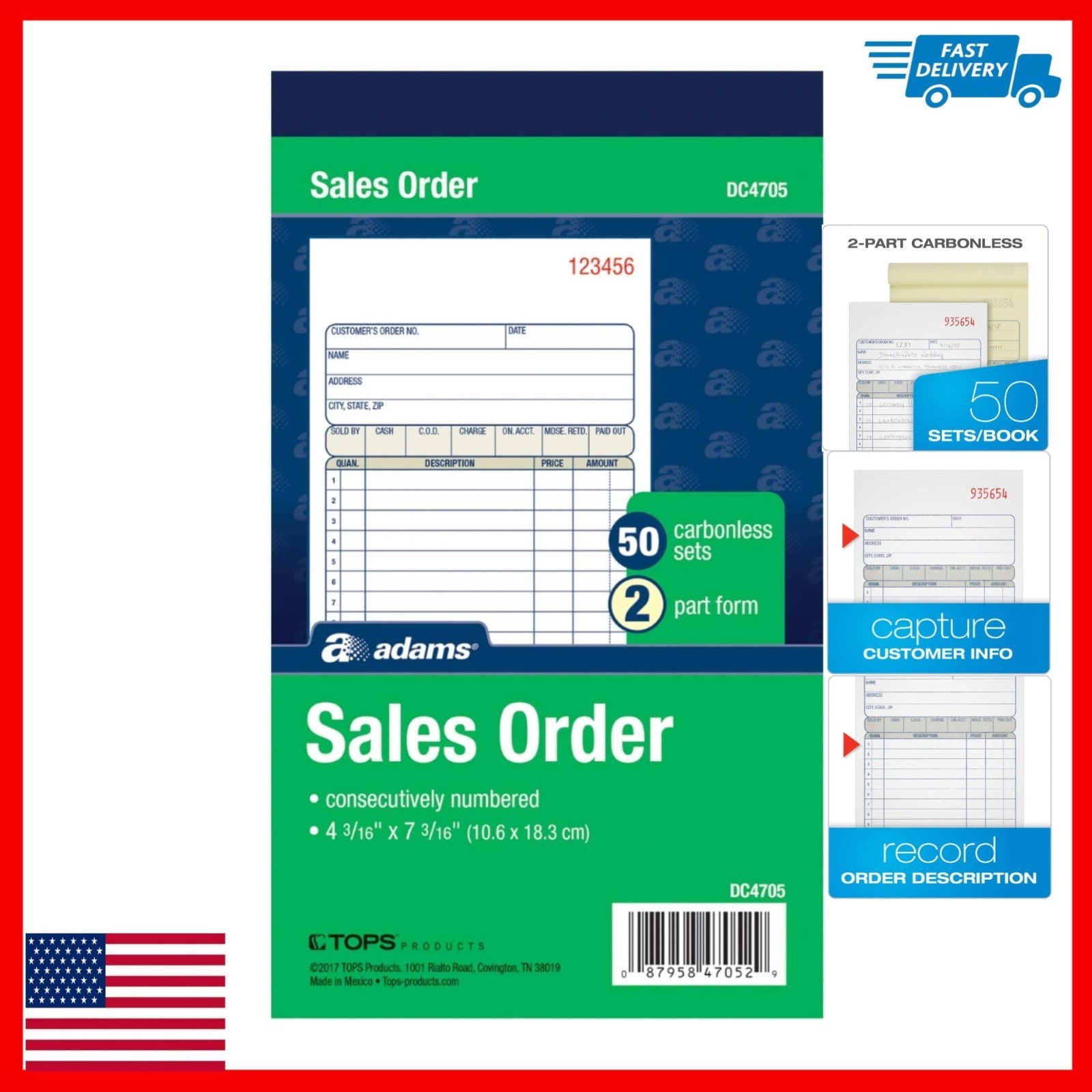 Adams Sales Order Book, 2-Part Carbonless, 50 Sets, 4-3/16 x 7-3/16