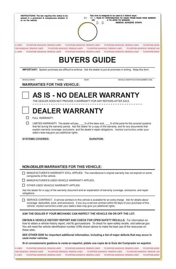 2-Part Hanging Buyers Guides w/ Adhesive – As Is / Warranty Form (100 per pack)