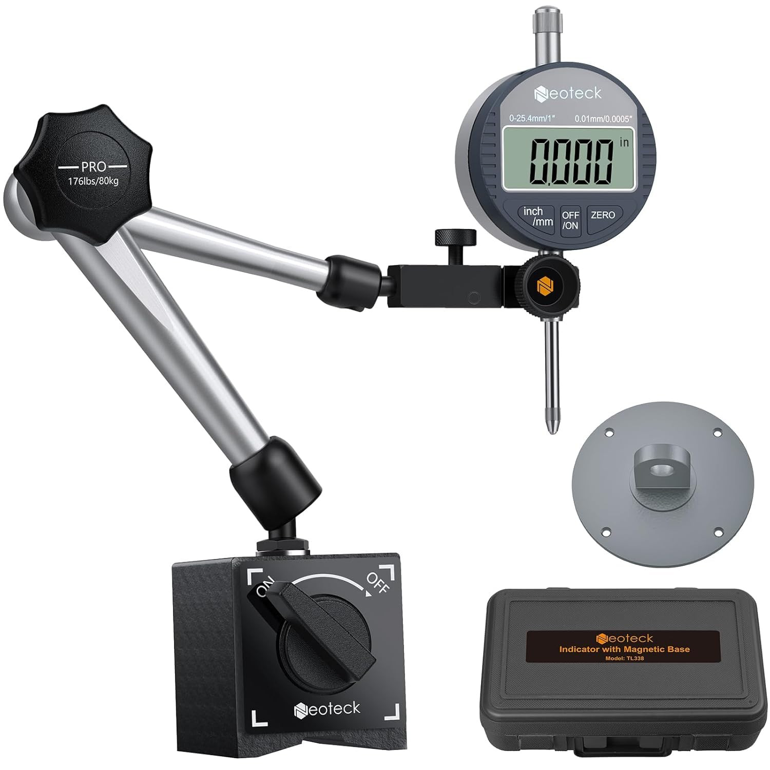 Digital Dial Indicator Gauge and Magnetic Base Set with Storage Case 0-1 Inch/ 2