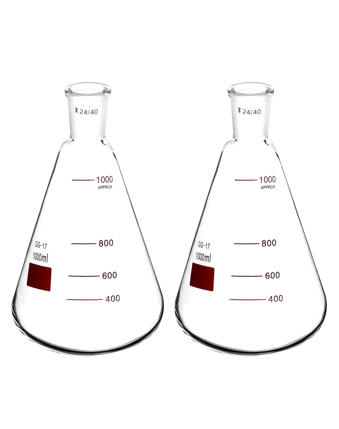 2 Pack 1000mL Borosilicate Erlenmeyer Flasks 24/40 Outer Joint Lab Glassware Set