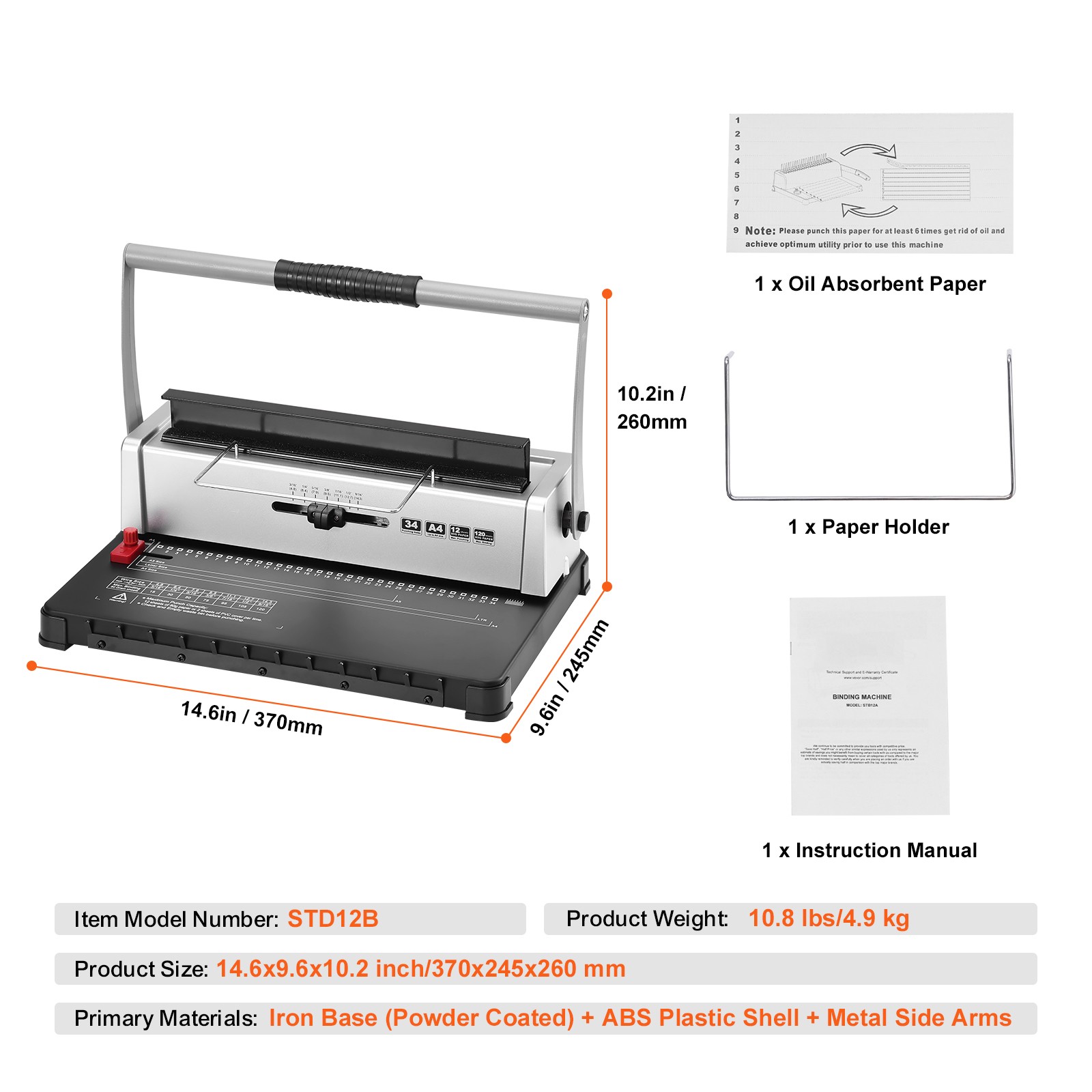 VEVOR Coil Spiral Binding Machine Manual Book Maker 34 Holes Letter Size A4 A5